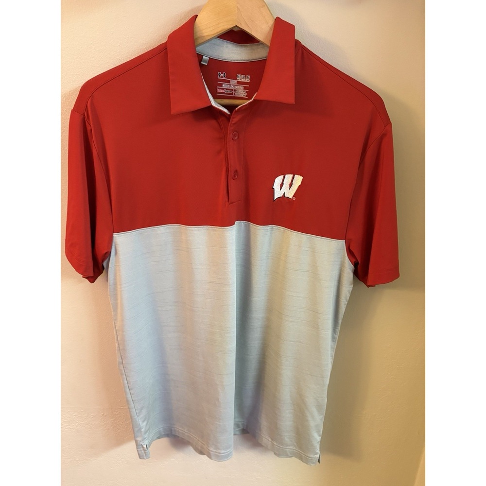 Wisconsin Badgers Under Armour Polo Red White Short Sleeve Mens M Loose Fit